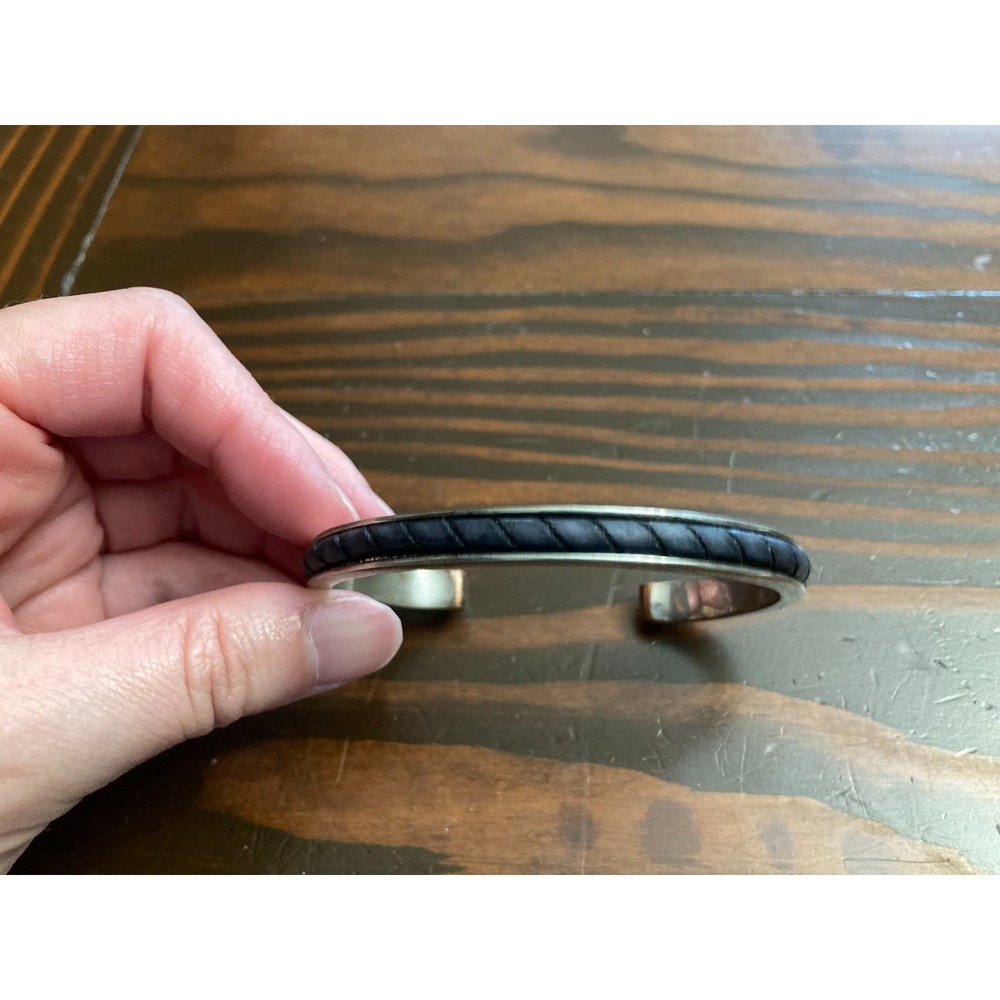 Vintage RLL Ralph Lauren Black Leather Silver Tone Cuff Bangle Bracelet